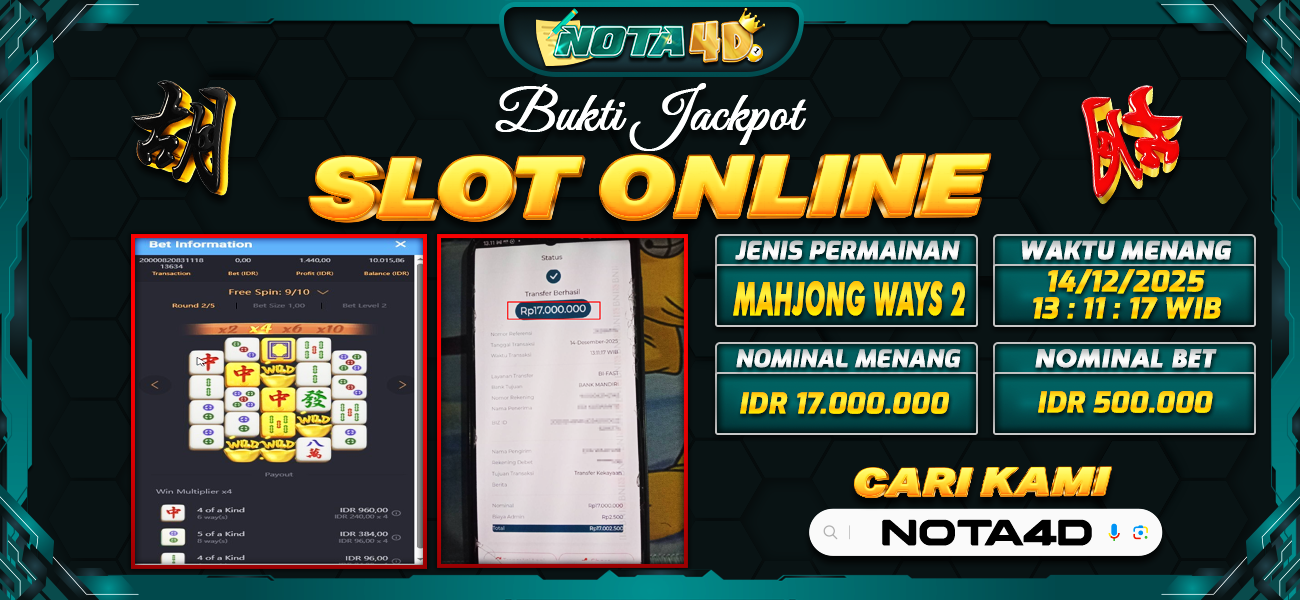 Bukti Kemenangan Besar Dibayar lunas Member NOTA4D RP 17.000.000, 14 Desember 2025